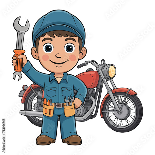 Cartoon mechanic boy holding wrench with red motorcycle vector