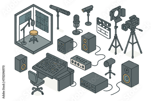 Isometric collection of professional sound recording and film production equipment