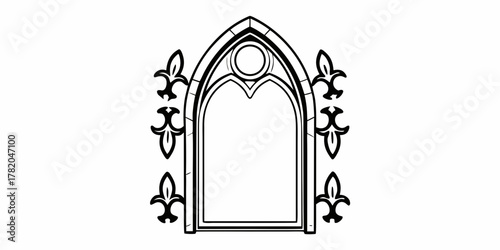 Illustration of a gothic archway with fleur de lis accents in a simple black and white outline style on transparent background