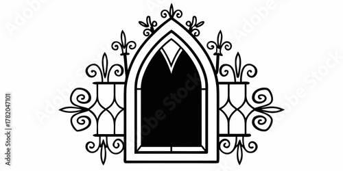 Ornate gothic style window with decorative ironwork and black fill creates an elegant design element on transparent background