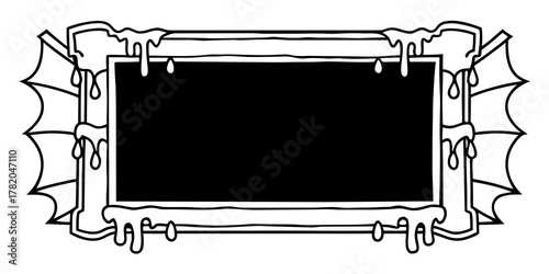 Illustration of a spooky frame with dripping slime and bat wings on the sides in black and white color on transparent background