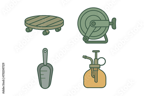 Essential gardening tools collection featuring a hose reel, plant caddy, hand scoop, and mister bottle