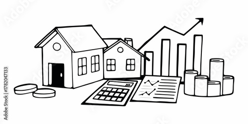 Houses with financial growth chart and calculator illustrating real estate investment success on transparent background