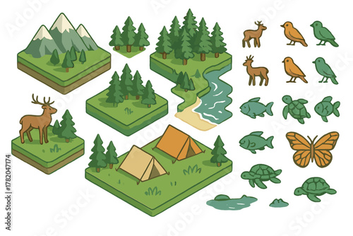 Isometric nature landscape elements and wildlife icons for map creation and game design