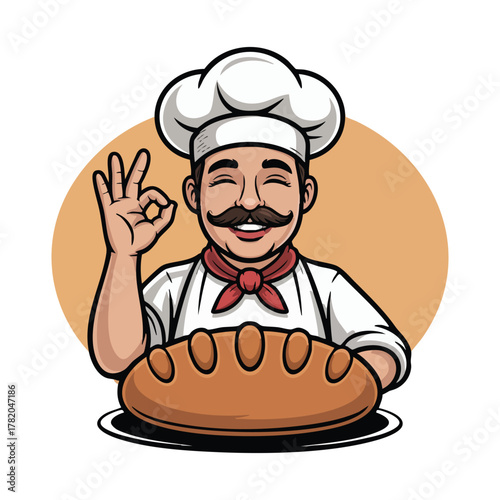 Cheerful cartoon baker with mustache holding fresh bread and giving ok gesture chef loaf