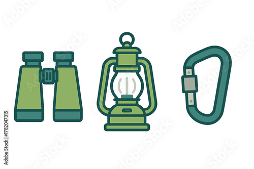 Essential gear set for outdoor camping: binoculars, vintage lantern, and carabiner clip