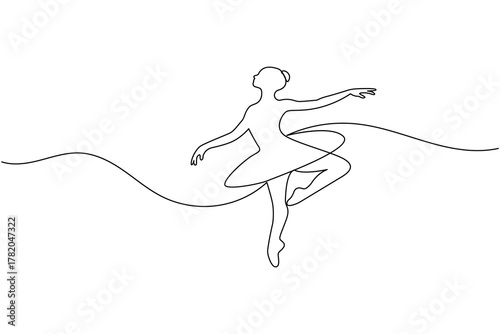 Ballet dancer performing graceful pose in one line minimalist drawing style