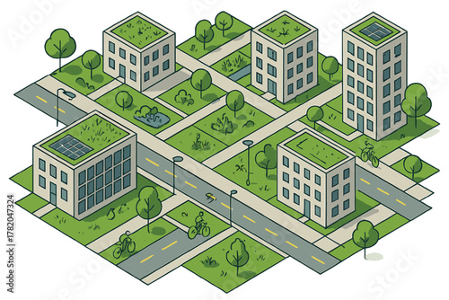 Isometric city layout showing sustainable urban planning with green architecture and eco-friendly transport