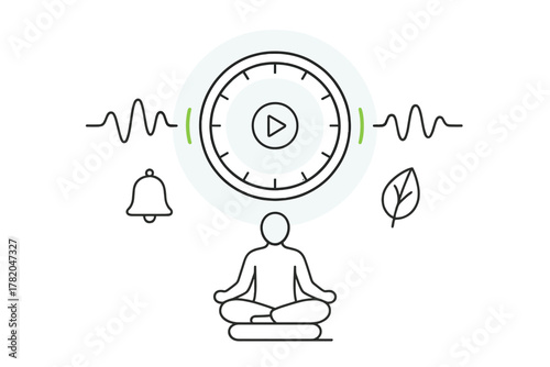 Mindfulness meditation session with sound wave and timer icons for digital wellness app interface