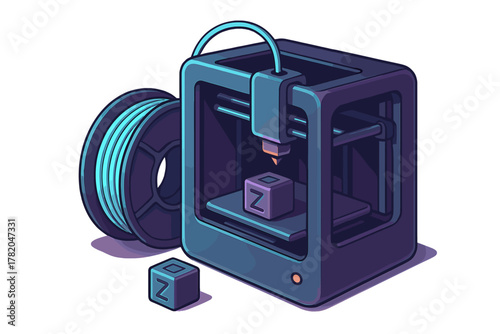 Modern 3D printer machine creating a small cube object next to a large spool of blue filament