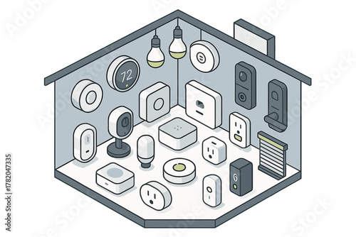 Comprehensive collection of modern smart home devices in an isometric room setup
