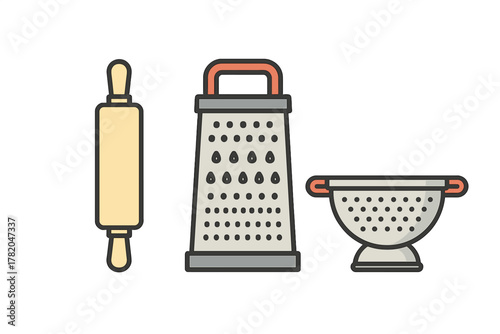 Basic kitchen utensils set including rolling pin, box grater, and metal colander