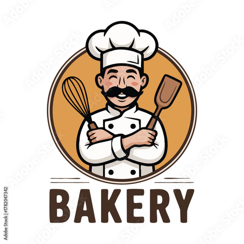 Cheerful cartoon chef with mustache holding whisk and spatula in bakery logo vector