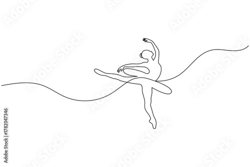 Ballet dancer performing graceful pose in one line minimalist drawing style