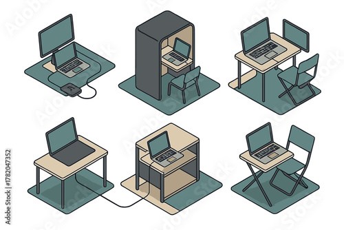 Six isometric workspace arrangements featuring portable desks, chairs, and computer equipment