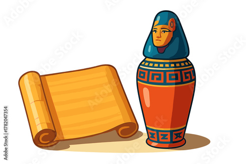Colorful ancient Egyptian canopic jar and rolled papyrus scroll
