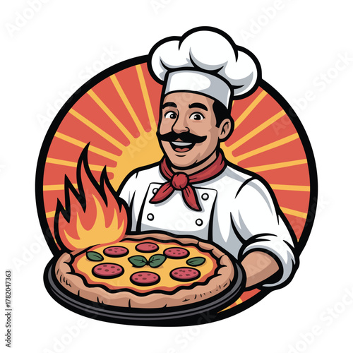 Cheerful Chef Holding a Hot Pepperoni Pizza with Flames cooking food