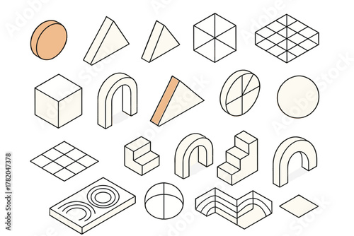 Minimalist isometric geometric shapes set featuring various abstract 3D forms and elements in soft colors