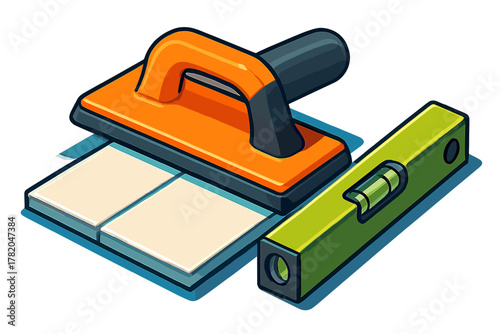 Set of professional tiling tools including grout float, spirit level, and ceramic tiles for home renovation