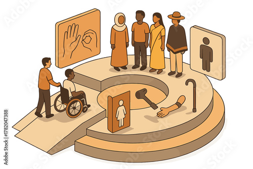 Diverse group of people standing on a circular platform with accessibility symbols and a ramp