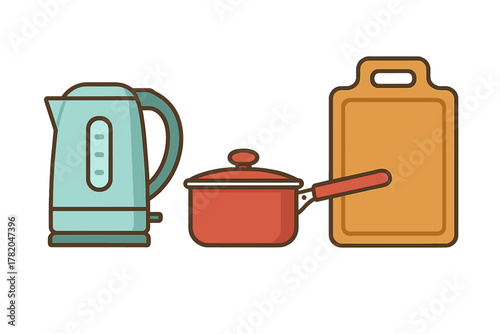 Set of essential kitchen appliances and cooking utensils including electric kettle saucepan and wooden cutting board