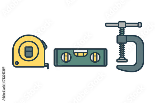 Essential measuring and fastening tools set: tape measure, spirit level, and C-clamp