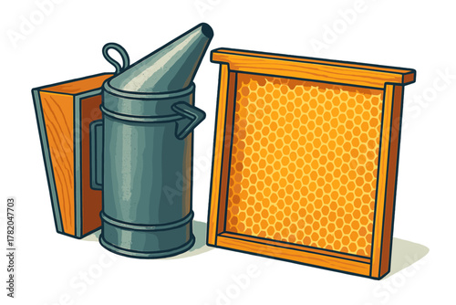 Metal bee smoker and wooden frame with golden honeycomb cells, essential tools for beekeeping