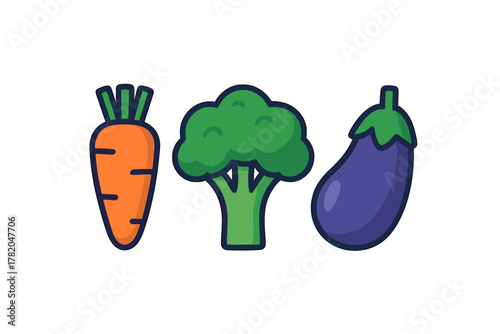 Brightly colored set of healthy vegetables featuring carrot, broccoli, and eggplant
