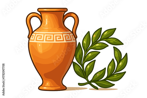 Ancient Greek terracotta amphora vase with meander pattern and green laurel wreath symbol