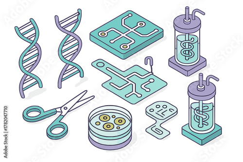 Isometric icons of biotechnology and genetic engineering: DNA helix, microchips, laboratory equipment