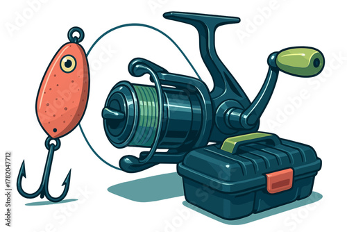 Spinning fishing reel spooled with green line, orange spoon lure, and dark tackle box