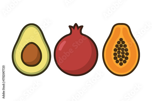 Set of ripe tropical fruits including avocado half, whole red pomegranate, and sliced orange papaya