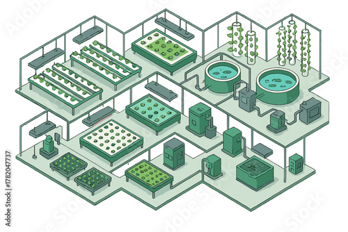 Modern indoor farming facility with hydroponic beds and aquaponic fish tanks for controlled agriculture
