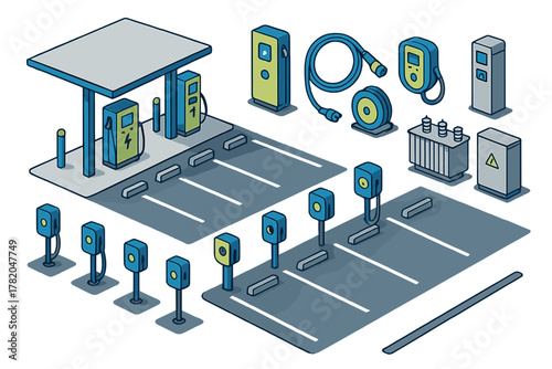 Comprehensive isometric collection of electric vehicle charging station infrastructure and components
