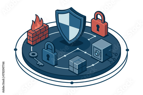 Isometric digital security system featuring shield, firewall, padlocks, and data protection icons