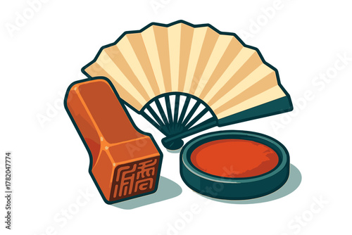 Traditional Asian cultural objects featuring a seal stamp, cinnabar ink pad, and folding fan