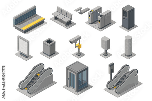 Isometric subway and train station infrastructure with escalators, benches, turnstiles, and security equipment