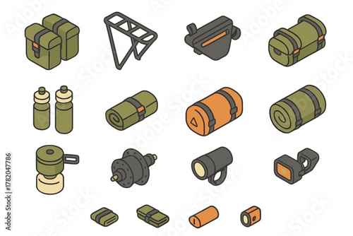 Isometric set of essential gear for bikepacking and camping including bags, bottles, sleeping rolls, and bicycle parts