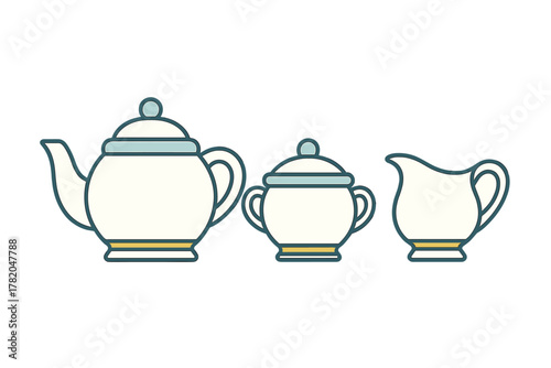 Traditional ceramic tea set including a teapot, lidded sugar bowl, and milk creamer pitcher
