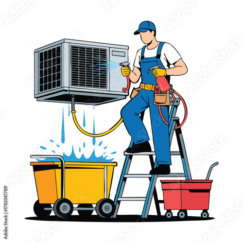 Technician cleaning air conditioner unit with spray bottle and hose on ladder maintenance