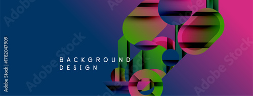 Abstract geometric shapes overlap, creating vibrant color gradients. Blue transitions to pink, with green accents. Modern design elements present.