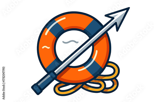 Orange and blue lifebuoy crossed by a speargun resting on coiled rope depicting nautical safety and hunting gear