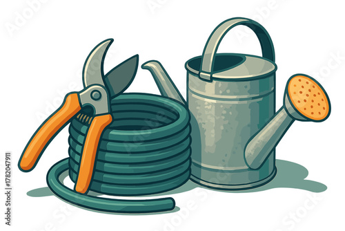 Essential gardening tools including metal watering can, coiled green hose, and orange handled pruning shears