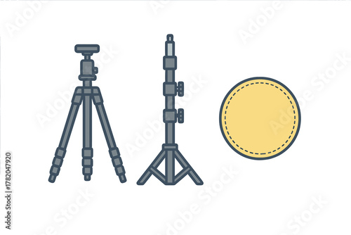 Essential studio photography gear collection featuring a camera tripod, adjustable light stand, and circular bounce reflector