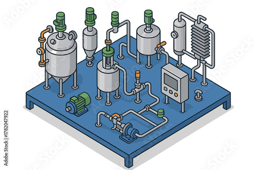 Detailed isometric view of a modular industrial chemical processing system setup featuring tanks, pumps, and piping