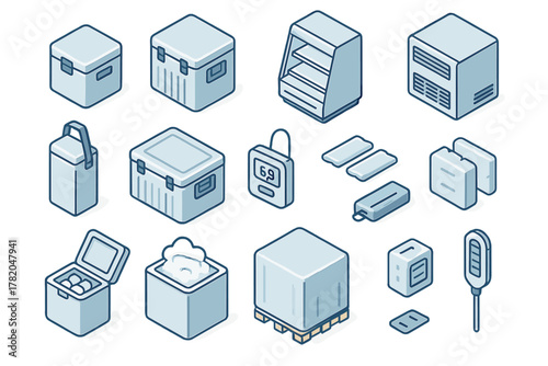 Isometric cold chain logistics equipment including portable coolers, refrigerated display cases, ice packs, and thermometers