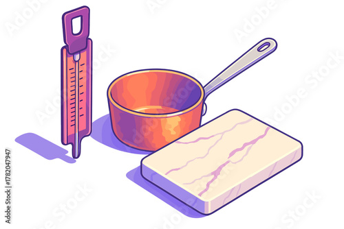 Essential kitchen tools for cooking and baking including a candy thermometer, saucepan, and marble board