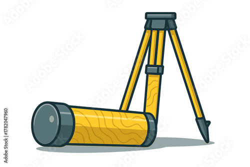 Yellow geodetic leveling instrument on a three-legged tripod stand for precise surveying measurement