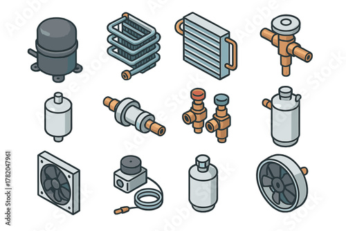 Isometric icons of essential components for air conditioning and refrigeration systems