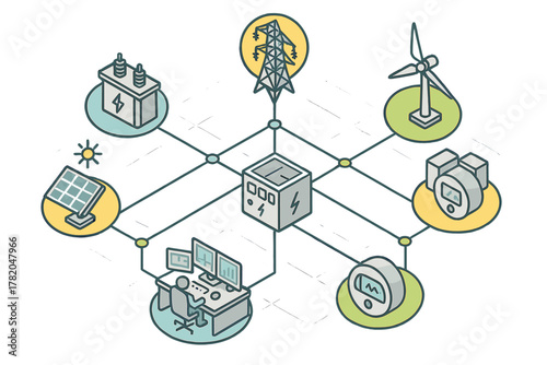 Smart energy grid network connecting renewable power sources and battery storage with central monitoring system